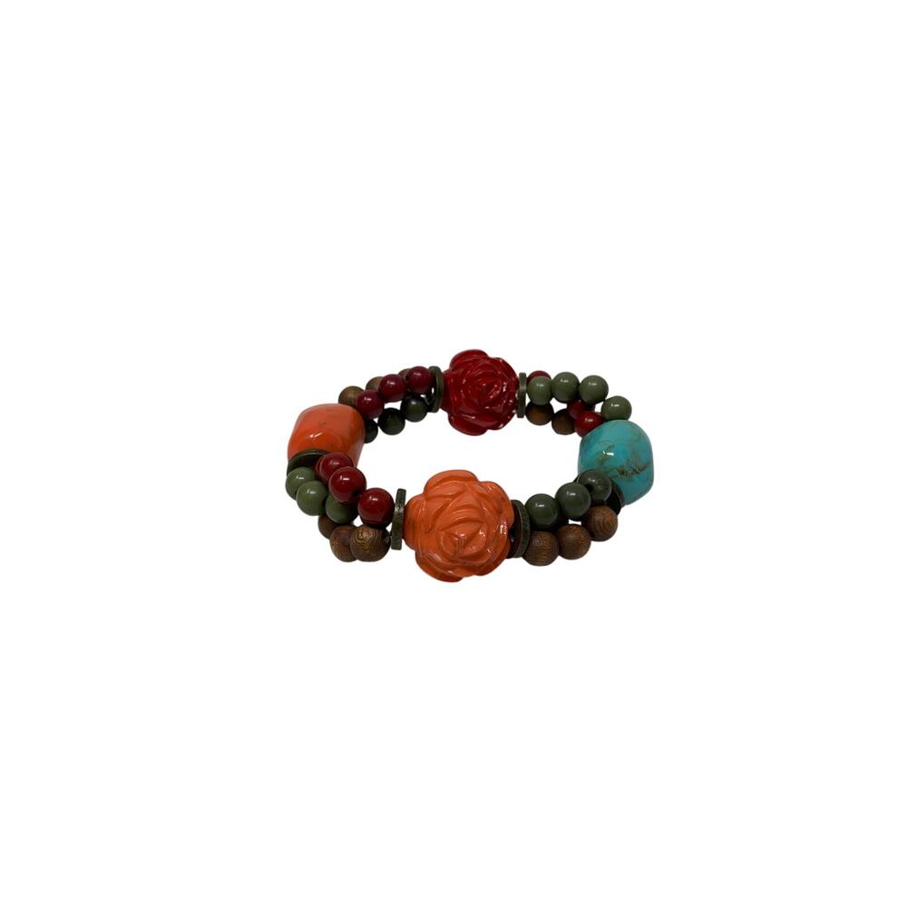 Unbranded Beaded Stretch Bracelet In Carved Coral + Turquoise Look Stones